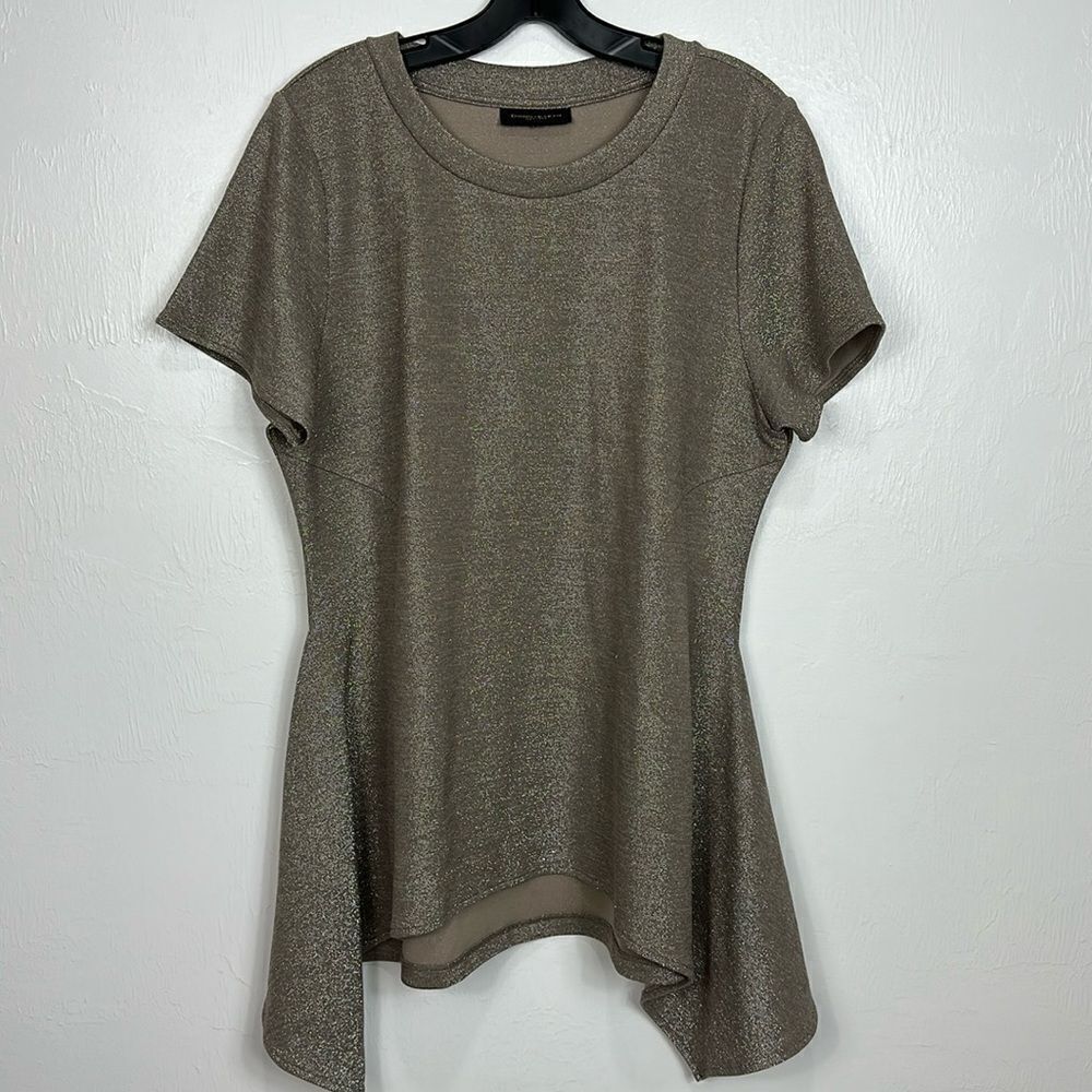 Donna Karan Short Sleeve Sharkbite Hem Metallic Tunic Top Size L